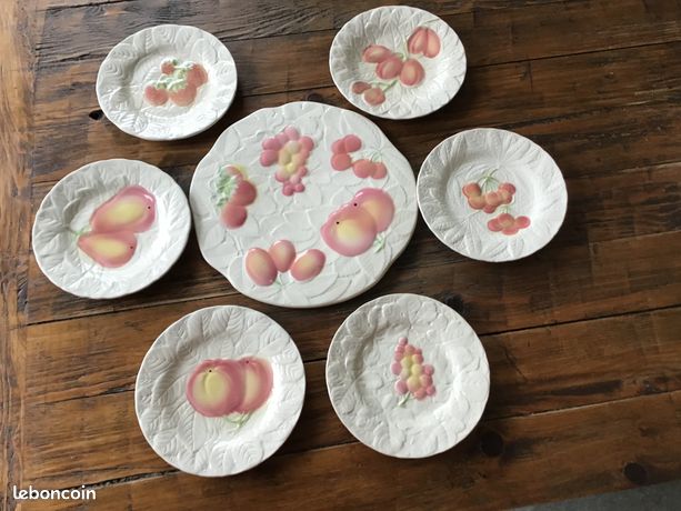 Lot De 8 Assiettes à Dessert Chaumette Barbotine - Motif Fruits Jaune - Occasion Bon État