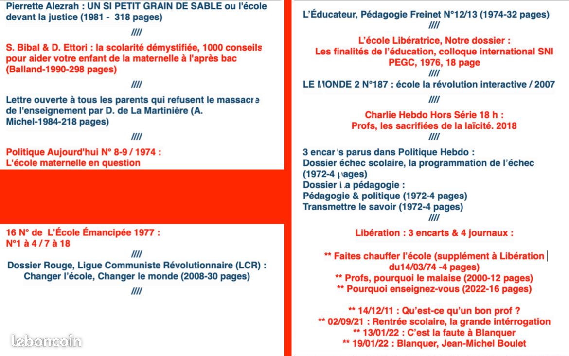 École/Pédagogie/Enseignement : 3 livres / 11 revues-journaux-brochures & 7 documents (encarts-suppléments) + 16 N° de L' École Émancipée 1977 (image 2)