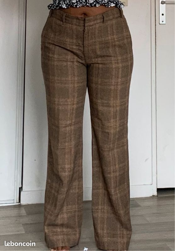 Pantalon de ville, femme, coupe droite, carreaux marron beige