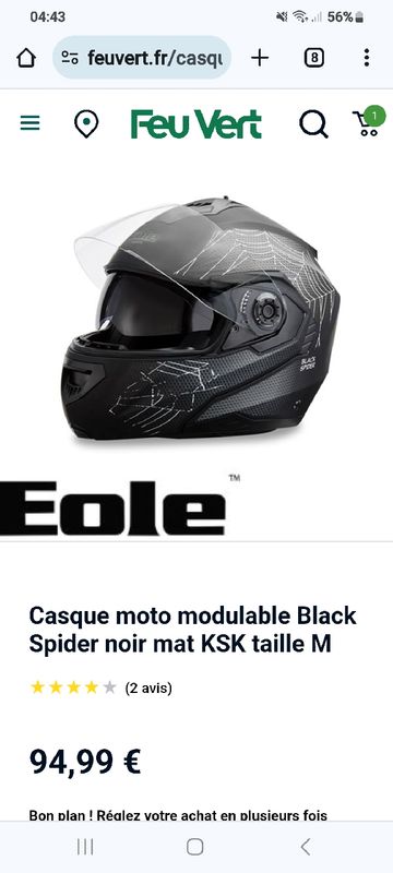 Casque moto modulable Black Spider noir mat KSK taille M - Feu Vert
