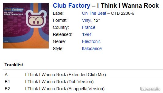 Vinyle Dance 1994 Club Factory I think i wanna rock (image 3)