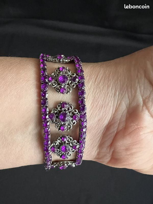 Grand Bracelet Manchette Vintage En Métal Et Strass - Excellent état
