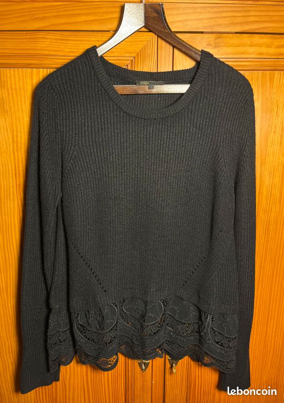 Pull maille côtelée Coton/Angora/Laine Maje dentelle florale brodée finition festonnée 3/L (image 1)
