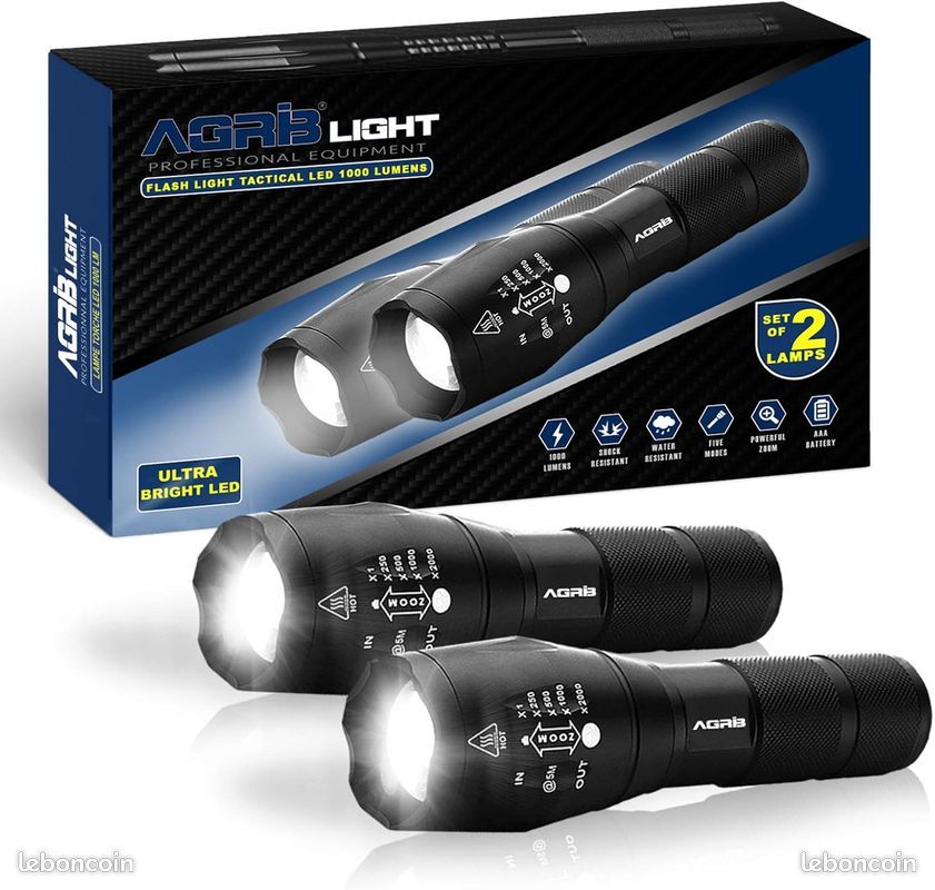 Lampe Torche LED Puissante 1000 Lumens – Rechargeable USB – Noire – Anti-chocs