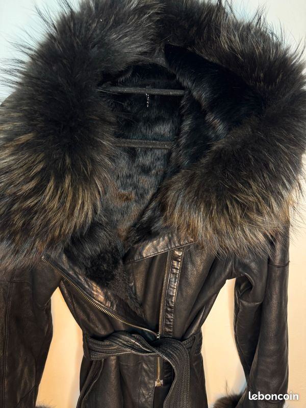 Veste En Cuir Et Maille Nygard Collection - Taille 8 - Col En Fourrure Lapin Teinté - Occasion TB