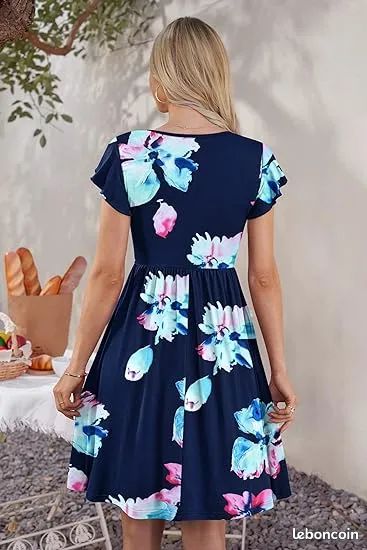 Robe Laundry à Volants Bleu Foncé Rayures Fleuries - Taille 6 (US), Style Wiggle/pencil, Occasion Très Bon état