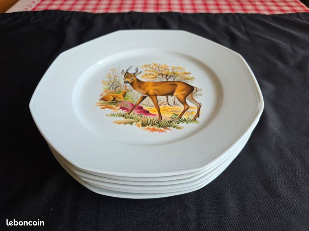 Lot de 6 assiettes plates octogonales décor chasse / gibier - 25,5 cm (image 12)