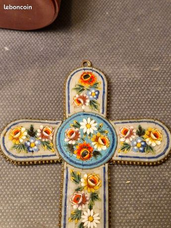 Croix Ancienne En Micro Mosaïque - Antiquité Française Vintage - Rare