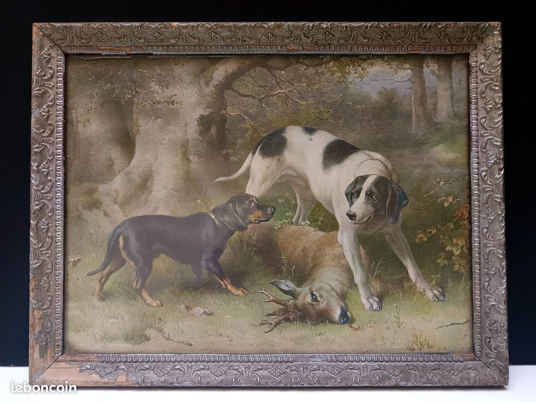 Oléographie ancienne de Carl Reichert - Scène de chasse aux chiens (image 1)