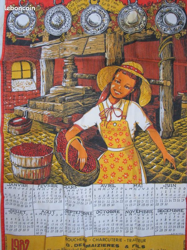 Torchon ancien calendrier 1982 chien et chat