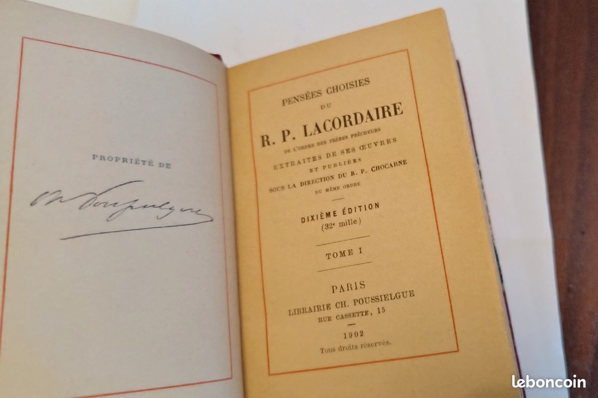 Coffret reliure 2 tomes "pensées choisies du R. P. LACORDAIRE" 10ème édition 1902 (image 3)