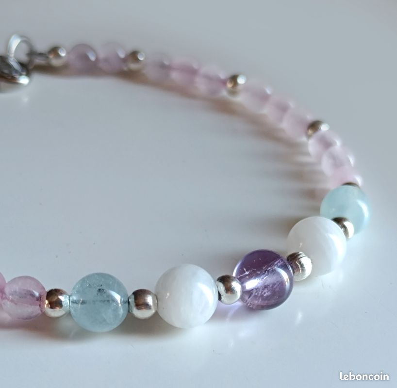 Bracelet Harmonie Féminine, amour de soi, pierre de lune, quartz rose, améthyste, aigue-marine, bijou d'équilibre (image 4)