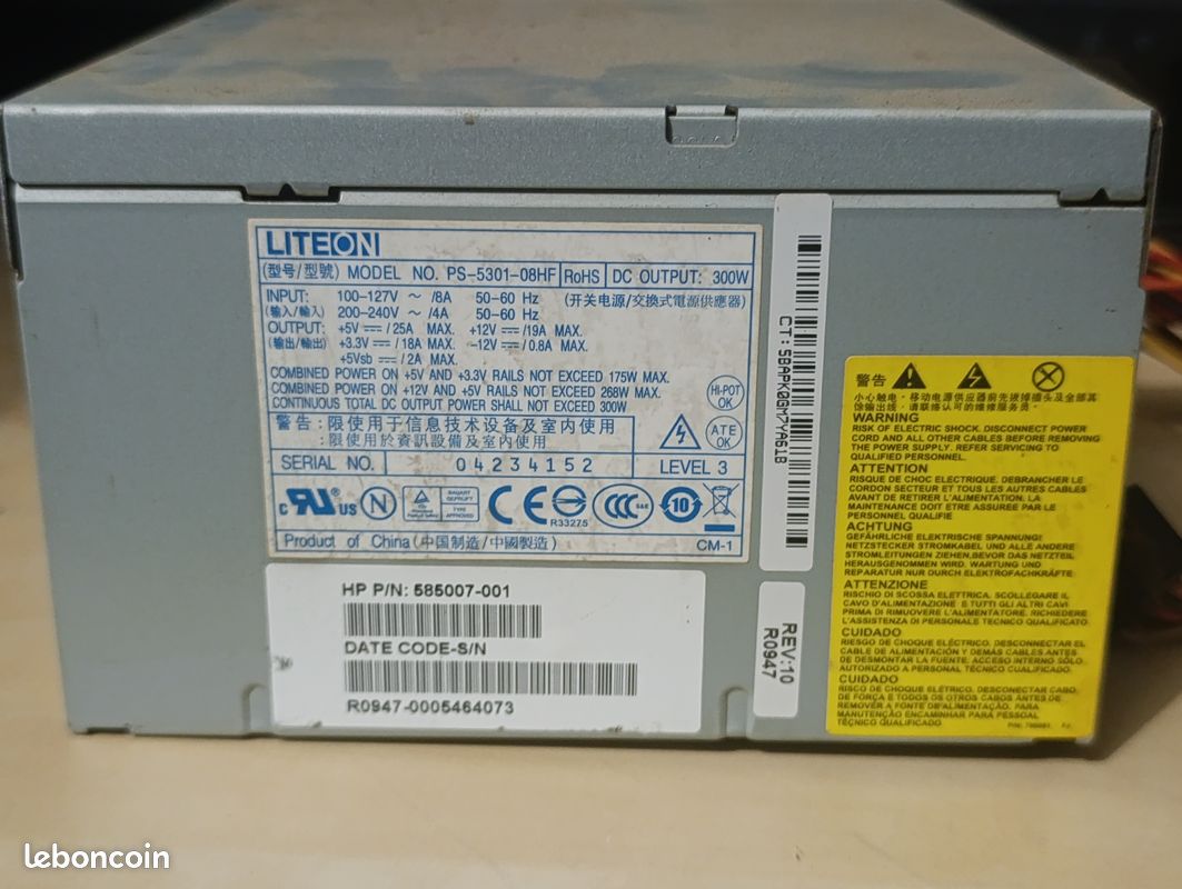 Alimentation PC Liteon 300W (PS-5301-08HF) - HP P/N 585007-001 (image 4)