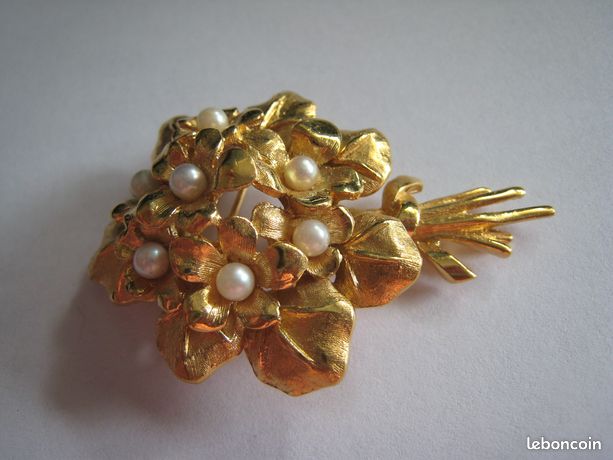 Broche Ancienne Bouquet De Fleurs Avec Perles - Plaqué Or, Occasion, Style Vintage