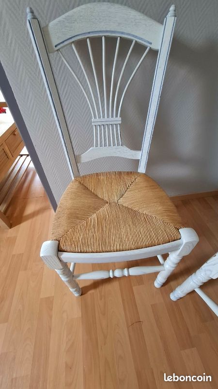 Lot de 4 chaises en bois, assise paillée, blanc/ liseré ciel (image 3)