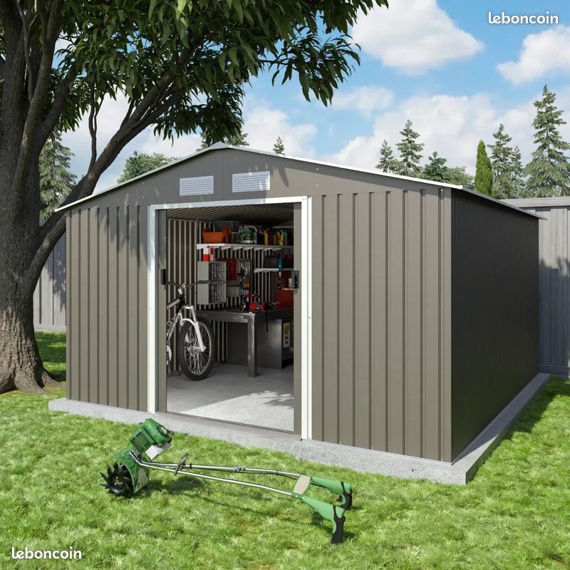 Abri jardin en métal gris châtaigne 13,44m² + kit ancrage abri stockage bois abri métal SOLIDE (image 1)