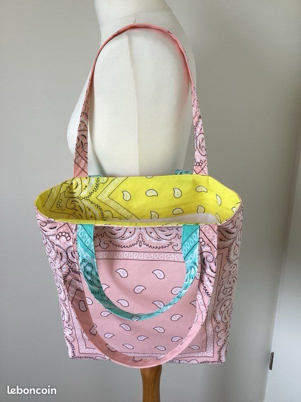 Sac Cabas Ethnique Fluo Multicolore Rose - Coton, Fabrication Thaïlande - Neuf Sans étiquettes