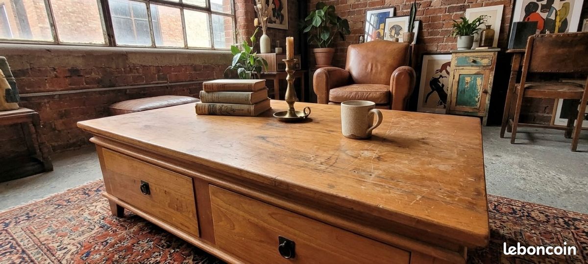 Table basse en bois massif style rustique / campagne chic (image 2)