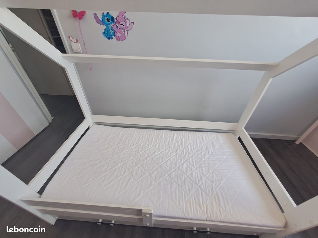 Lit cabane enfant blanc 80x160 avec matelas, sommier et tiroir (image 6)