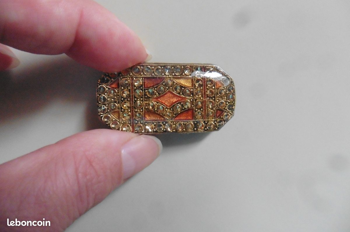 Broche Ancienne Vintage Style Art Déco - Émail Beige/orange Avec Strass Blancs - Métal Argenté
