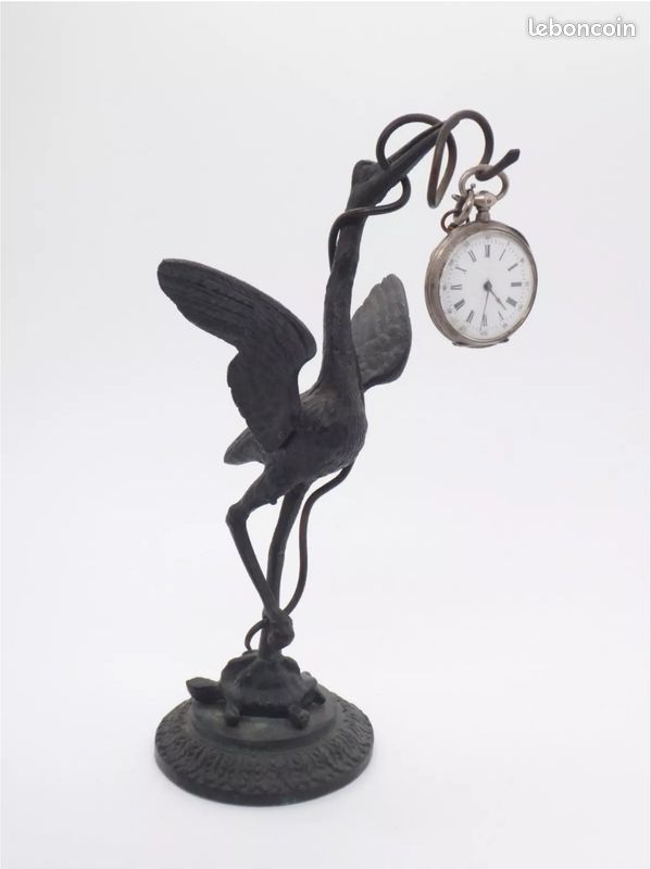 Porte-montre à Gousset En Bronze Sur Socle Marbre Avec échassier Et Tortue - Décor Vintage, Occasion Bon état, Fabriqué En France