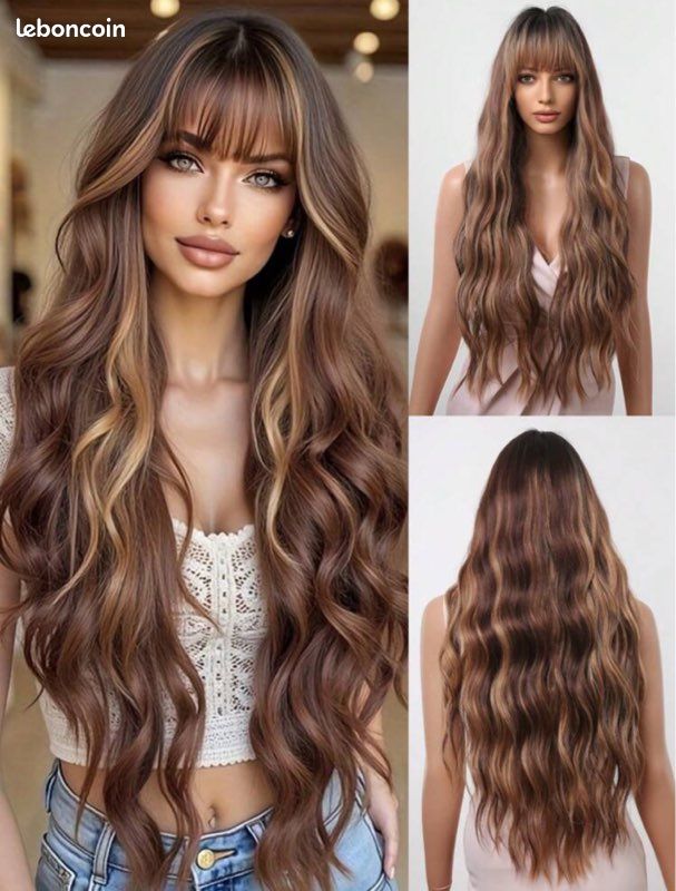 Perruque Longue Synthétique Brune Dorée Ondulée Avec Frange - Bonnet Monofilament Taille Moyenne - Neuf