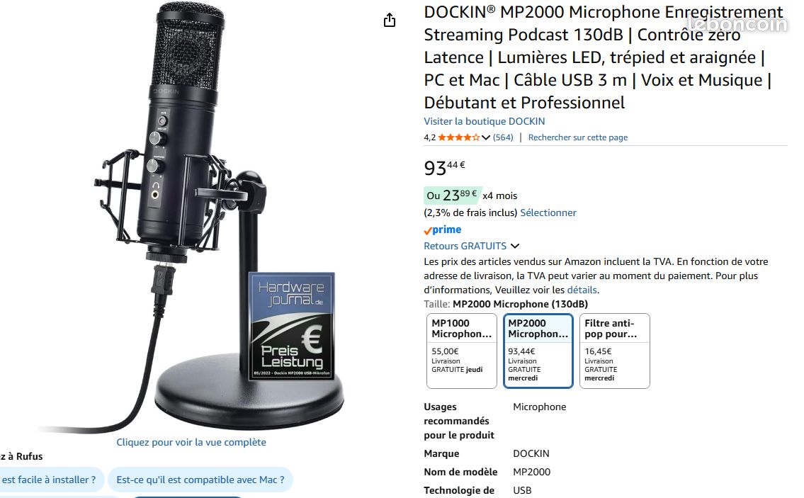 DOCKIN MP2000 Microphone Enregistrement Streaming Podcast 130dB - Zéro Latence, LED, Trépied, Araignée - USB Pour PC Mac