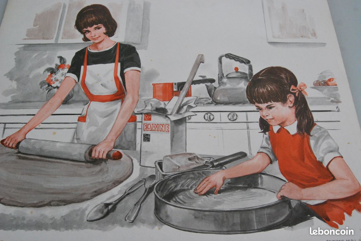 Ancienne affiche scolaire double face mère et fille préparant une tarte et une petite fille chez la crémière Ed MDI 1969 (image 3)