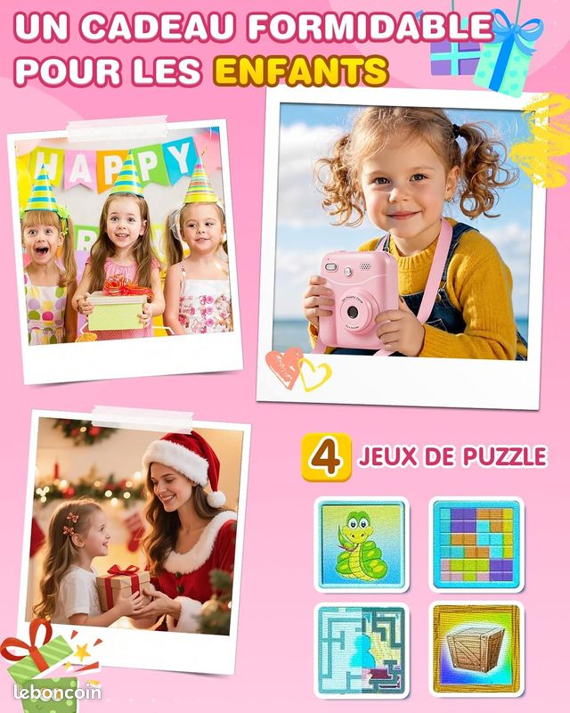 Appareil Photo Instantané Enfant 48MP 1080p – Imprimante Intégrée Avec 4 Rouleaux De Papier Et Carte 32 Go