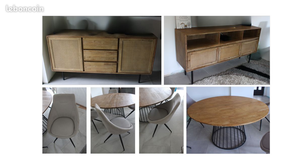 Ensemble de meubles style scandinave/bohème – Meuble TV, Table à manger + 4 chaises (image 1)