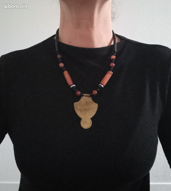 Collier artisanal, pierres cornaline et laiton (image 9)