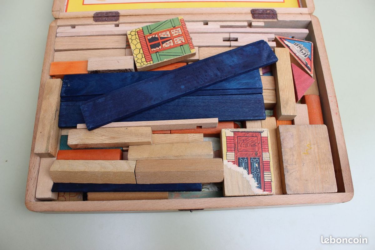 Ancien Coffret Jeu En Bois Construction Moderne - Jeu Vintage à Collectionner