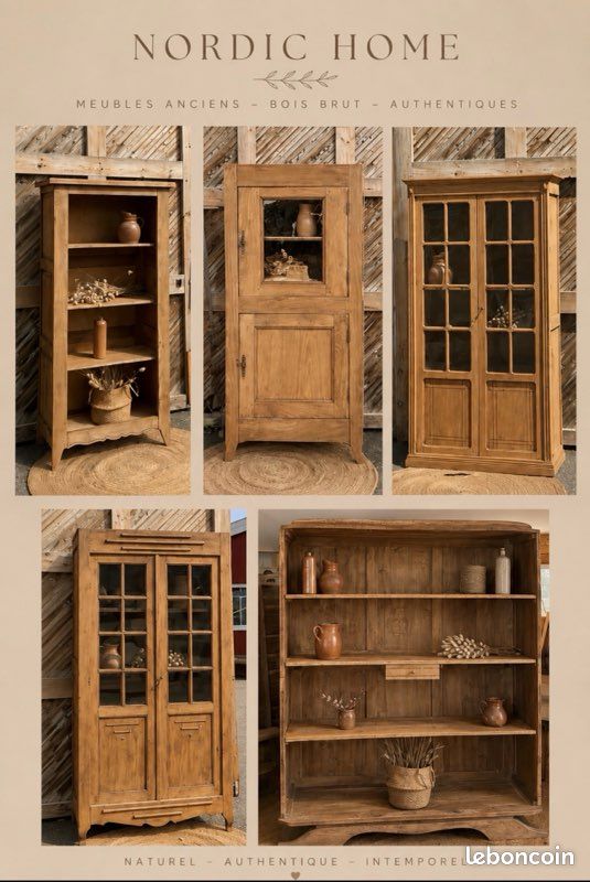 Meubles anciens rénovés en bois brut esprit campagne chic : armoire buffet vaisselier chevet table meuble tv banc tabourets bibliothèque… (image 1)