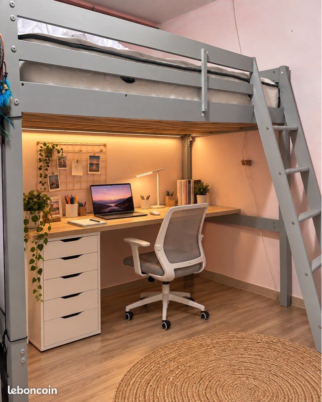 Lit mezzanine gris 140x190 – échelle réversible – idéal chambre ado (image 2)