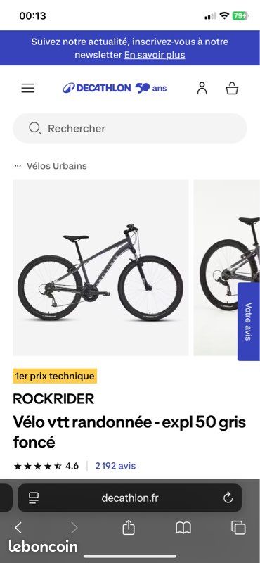 Rockrider Vélo vtt randonnée expl 50 gris taille xl (image 2)