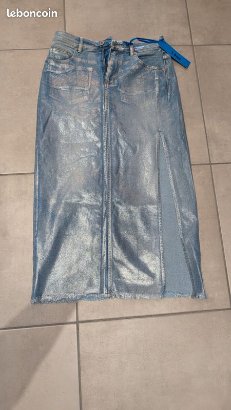 Jupe longue en jean métallisée argentée NEUVE — Taille L / 40 (image 1)