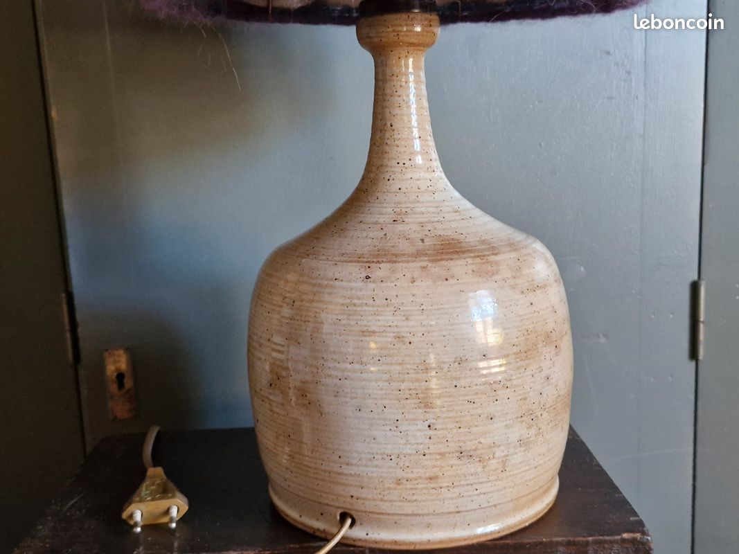 Lampe vintage 70's Pied en grés - Abat-jour en laine tissée (image 11)