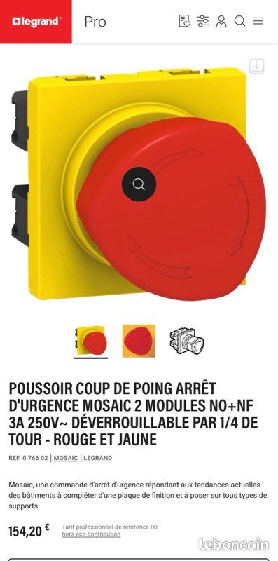 Bouton d’arrêt d’urgence Legrand Mosaic 076602 – Neuf (image 1)