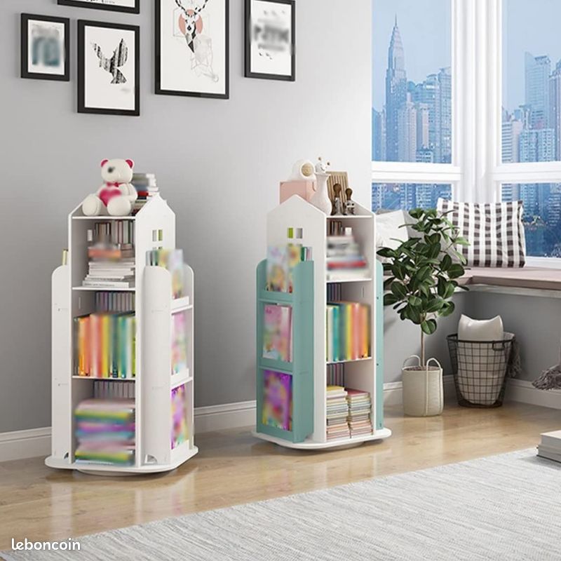 Bibliothèque Enfant Rotative 360° avec Roulettes – Rangement Livres & Jouets – Forme Maison - Blanc - PUE117-40 (image 3)