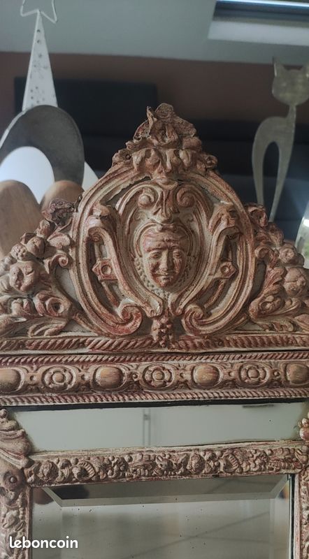 Miroir Biseauté à Parecloses style Napoléon III, à 5 glaces, XIXème. En laiton repoussé sur support en bois. Stylé Victorien/Baroque, Rocici, Shabby-chic - Dim 55 x 32,5 cm (image 12)
