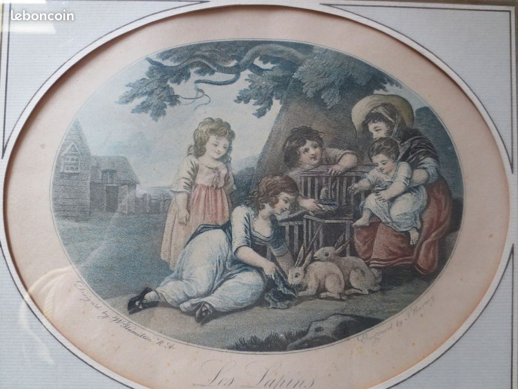 Lithographies XVIII - XIX e - Scènes d'enfants avec animaux - W. Hamilton / Barney - encadrées - B.E - (image 9)
