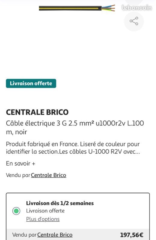Couronne de câble électrique U1000 R2V 3G2,5 mm² noir - 100 m (image 6)