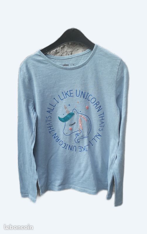 T-shirt 10 ans bleu avec licorne manches longues fille (image 1)