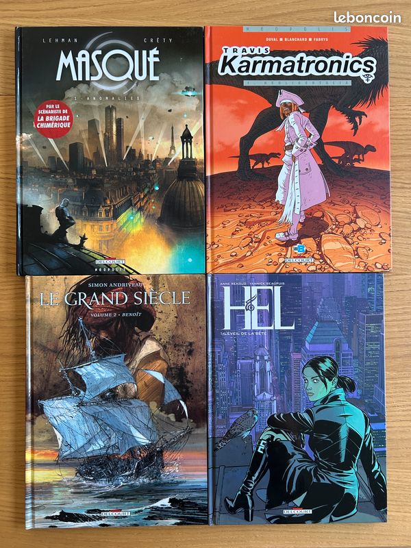 Lot de BD Delcourt : Masqué T1, Le grand siècle T2, Hell, Travis Karmatroniks - NEUF EO (image 1)