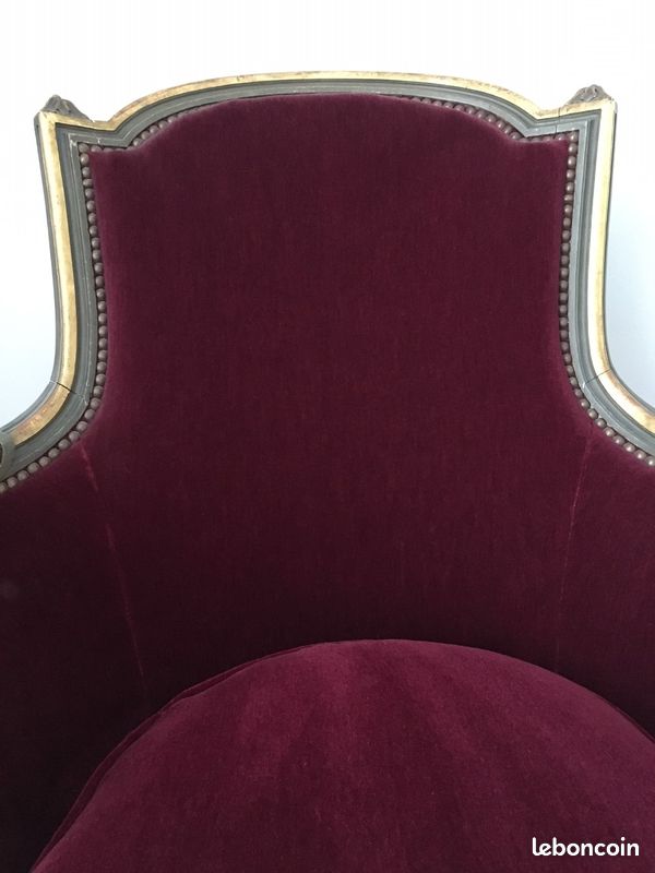 Paire fauteuils anciens patinés dorés 2 bergères Louis XVI tissu velours laine bordeaux Lelièvre (image 2)