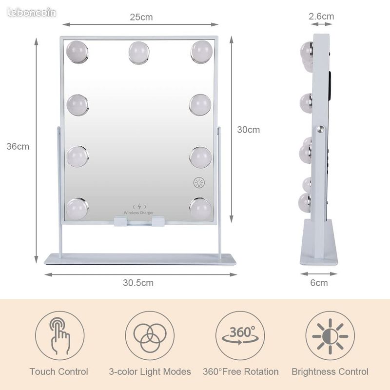 OSDUE Miroir de Maquillage hollywoodien avec lumières, Miroir Cosmétique LED, 9 Ampoules, 3 Modes de Couleur Réglables Contrôle Tactile, avec Miroir Grossissant x10, Rotation Réglable à 180 °, 30x25cm (image 2)