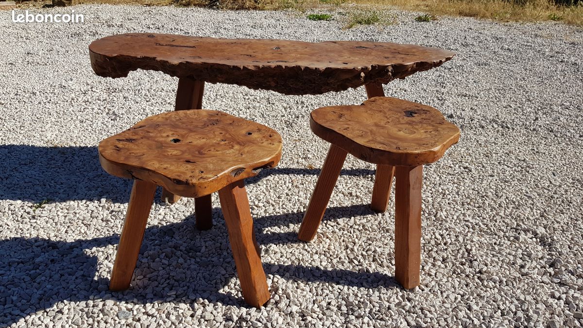 Table basse en loupe d’orme + 2 tabourets - RARE (image 1)