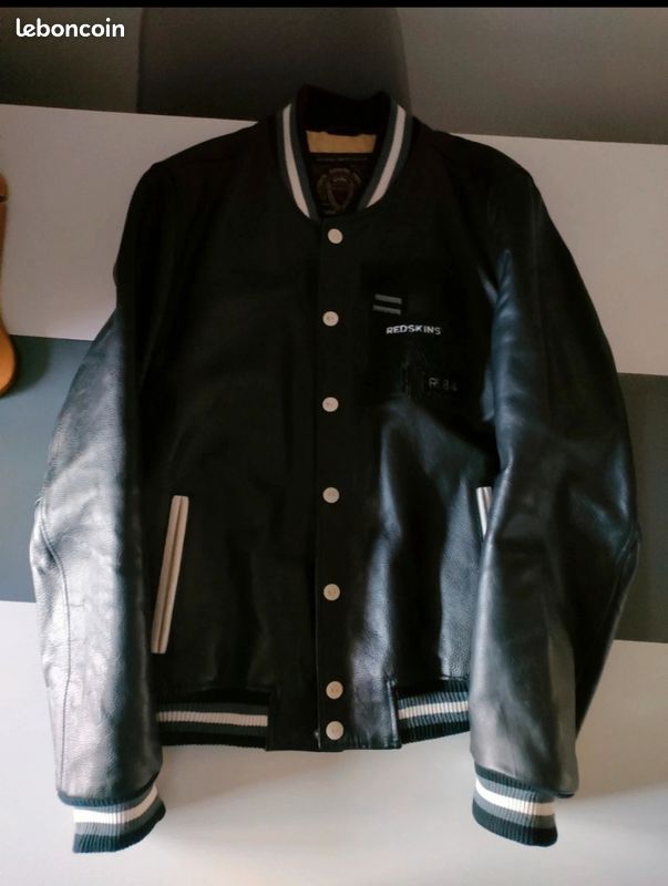 Veste Teddy Redskins En Cuir Noir - Taille XXL - Style Varsity Baseball, Très Bon état