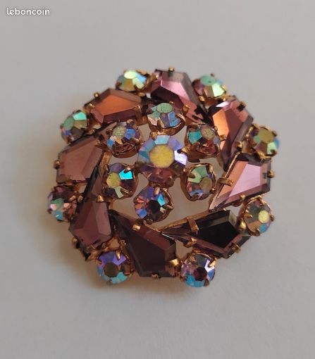 Jolie Broche Vintage Avec Strass - Métal Doré Et Brillants, Excellent état