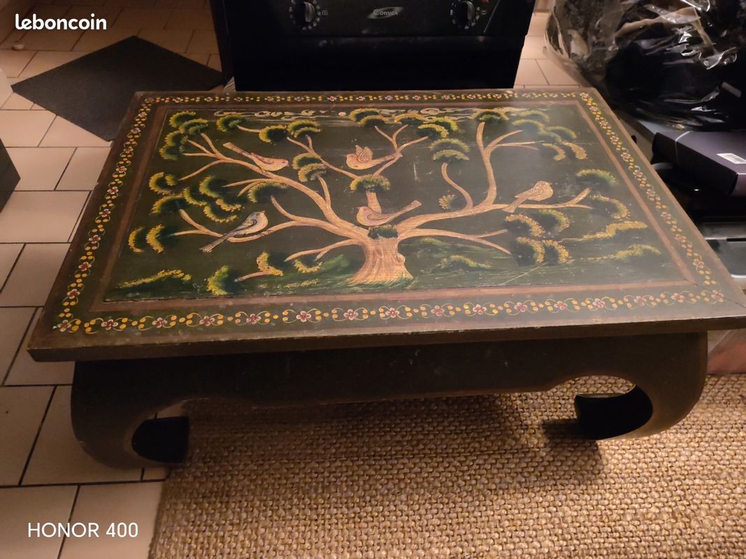 Table salon charme assuré lourde beau bois motif peint oiseau arbre 90x60x42 (image 6)